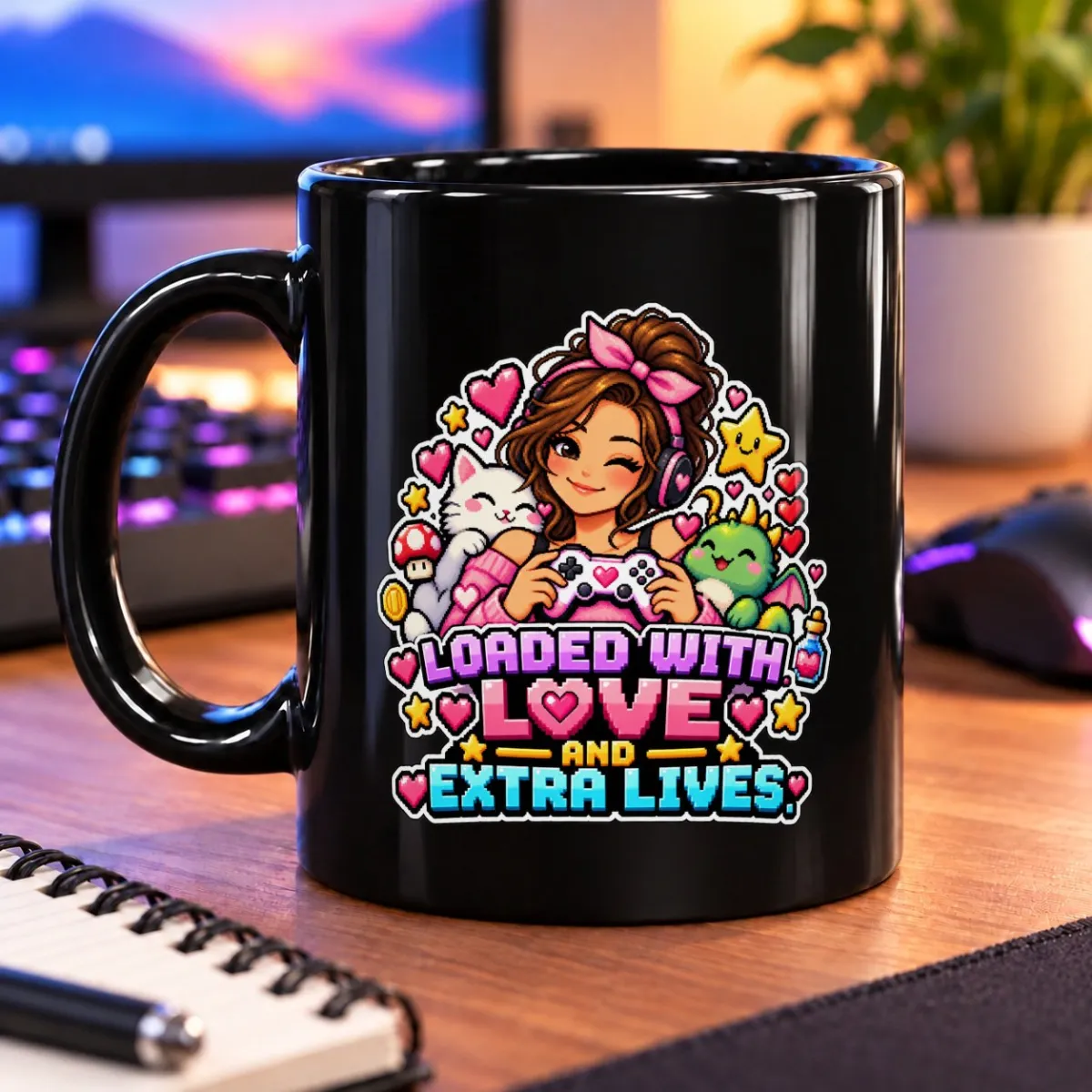 Loaded With Love and Extra Lives – 11oz Mug 3 Pixel-art gamer with cute companions, hearts, stars, and colorful lettering – black 11oz mug