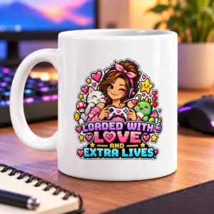 Pixel-art gamer with cute companions, hearts, stars, and colorful lettering – white 11oz mug