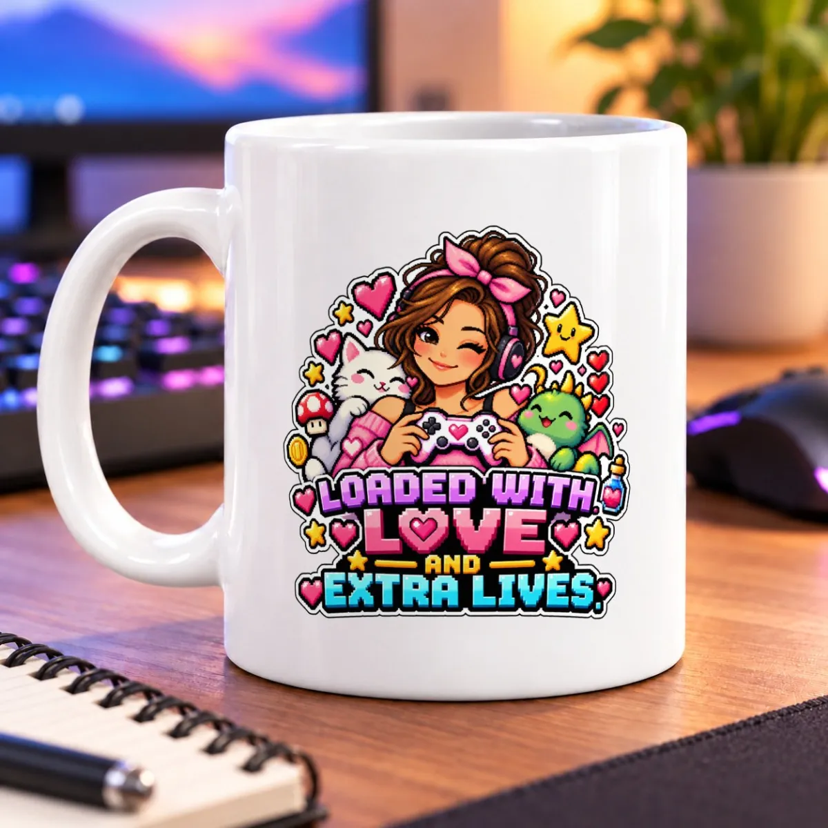Pixel-art gamer with cute companions, hearts, stars, and colorful lettering – white 11oz mug
