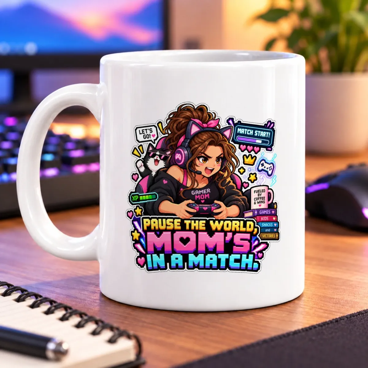 Pixel-art gamer mom with a cat, controller, hearts, and colorful gaming-themed details – white 11oz mug