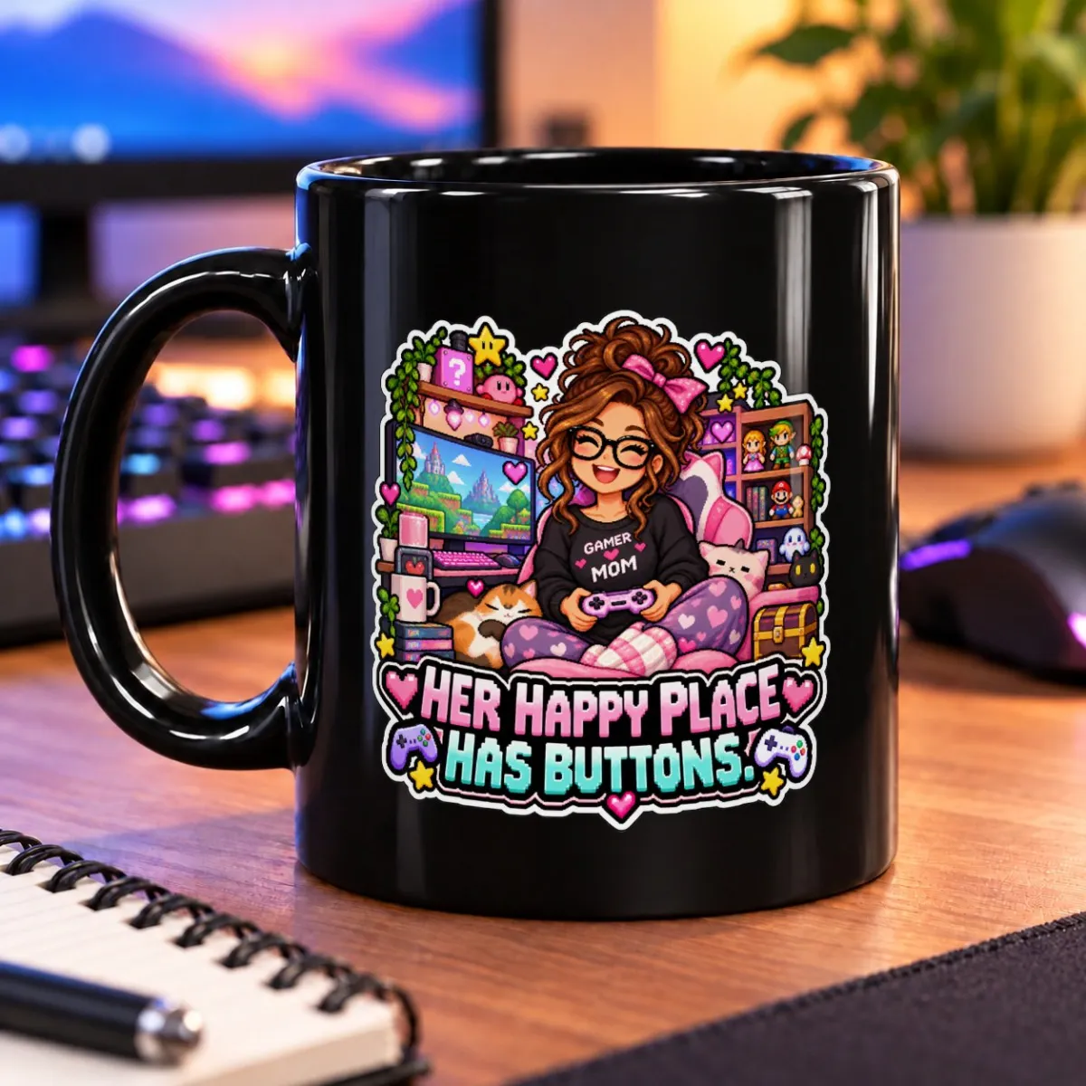 Her Happy Place Has Buttons – 11oz Mug 3 Pixel-art gamer mom in a cozy gaming nook with hearts and “HER HAPPY PLACE HAS BUTTONS.” – black 11oz mug