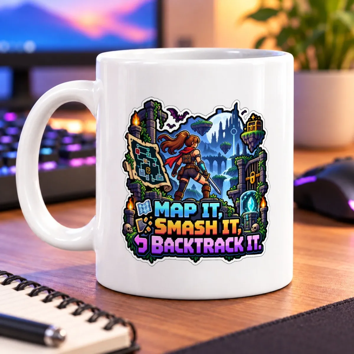 Pixel-art adventurer exploring ruins with a map, monsters, treasure, and colorful lettering – white 11oz mug