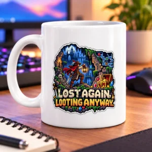 Pixel-art adventurer explores a dungeon with skeletons, a treasure chest, and the words “LOST AGAIN LOOTING ANYWAY” – white 11oz mug