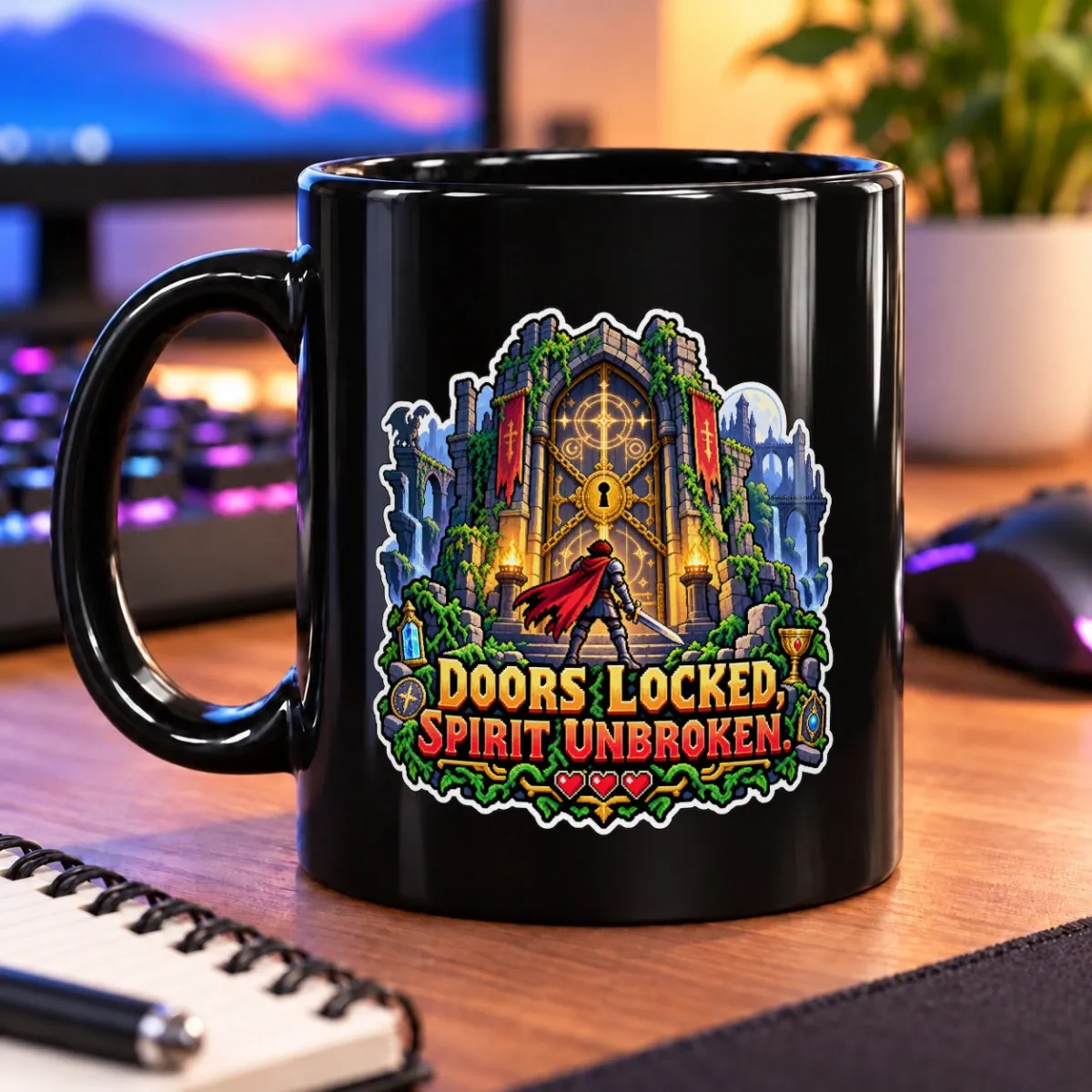 Doors Locked, Spirit Unbroken – 11oz Mug 3 Pixel-art adventurer stands before a rune-lit locked gate beneath “DOORS LOCKED, SPIRIT UNBROKEN.” – black 11oz mug