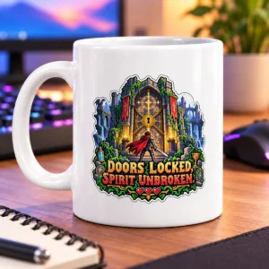 Pixel-art adventurer stands before a rune-lit locked gate beneath “DOORS LOCKED, SPIRIT UNBROKEN.” – white 11oz mug