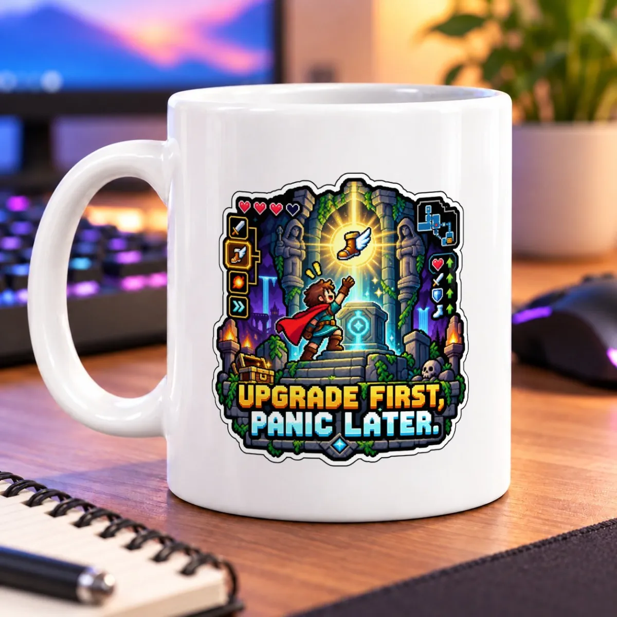 Pixel-art adventurer reaching for a glowing winged boot in a treasure-filled shrine, with “UPGRADE FIRST, PANIC LATER.” – white 11oz mug