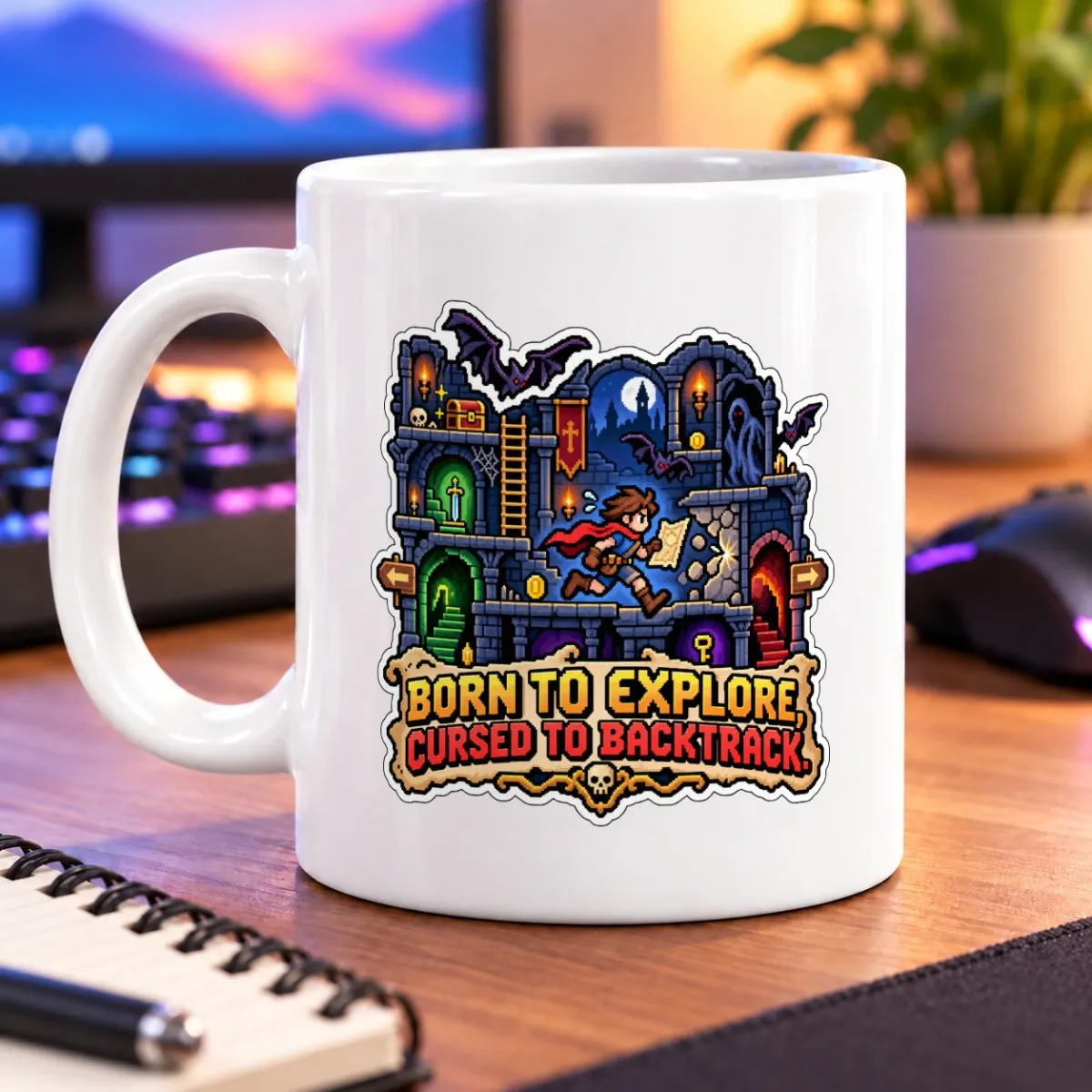 Pixel-art adventurer explores a monster-filled dungeon with bats, treasure, and winding paths – white 11oz mug