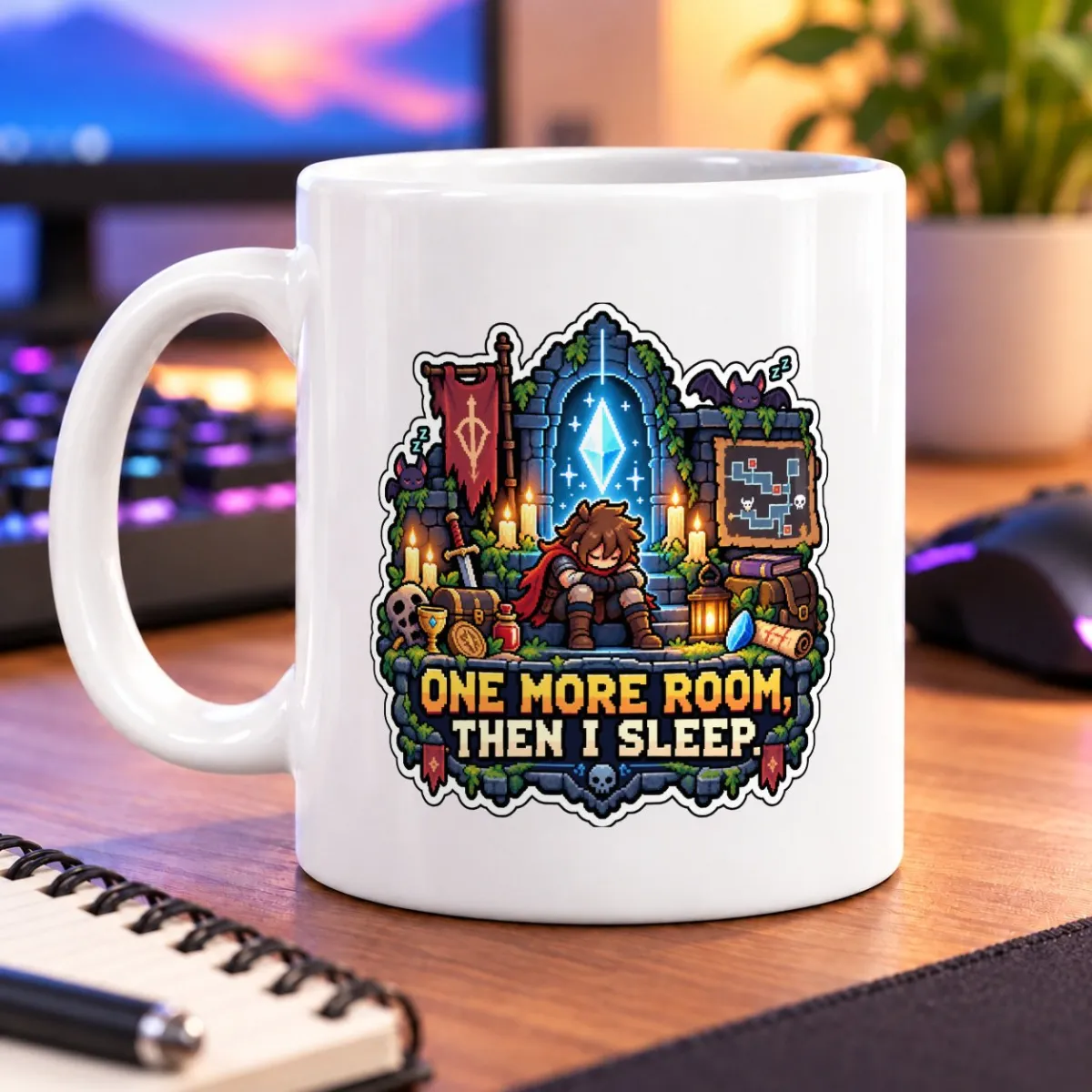 Pixel-art adventurer resting in a dungeon beneath the text “ONE MORE ROOM, THEN I SLEEP” – white 11oz mug