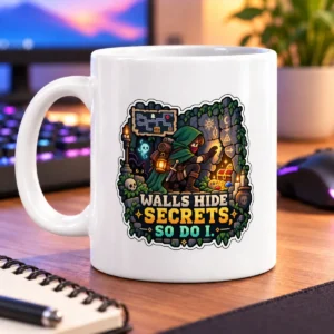 Pixel-art hooded wanderer exploring a torchlit dungeon with clues and treasure – white 11oz mug