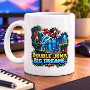 Pixel-art adventurer leaping over castle ruins, magic sparkles, and spikes – white 11oz mug