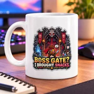 Pixel-art adventurer with a snack-filled pack facing a skull-faced gate, with CHIPS detail – white 11oz mug