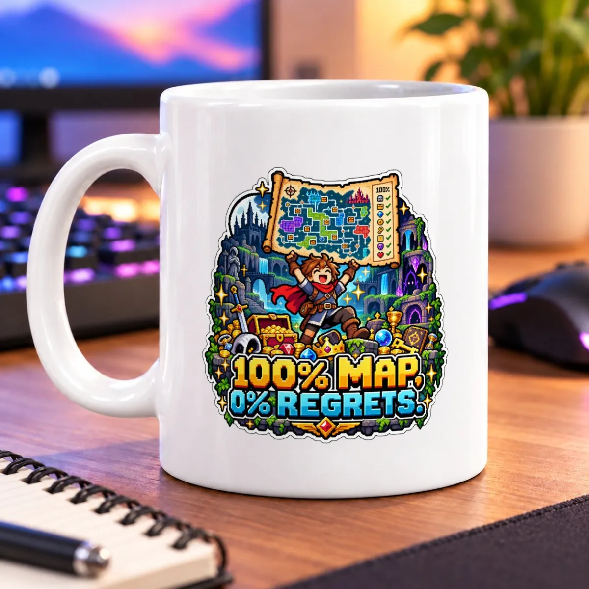 Pixel-art adventurer celebrates a completed map amid treasure, waterfalls, and sparkling scenery – white 11oz mug