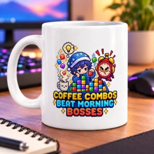 Pixel-art gamer stacks colorful blocks beside a steaming cup and clock boss, with “Coffee Combos Beat Morning Bosses”… – white 11oz mug