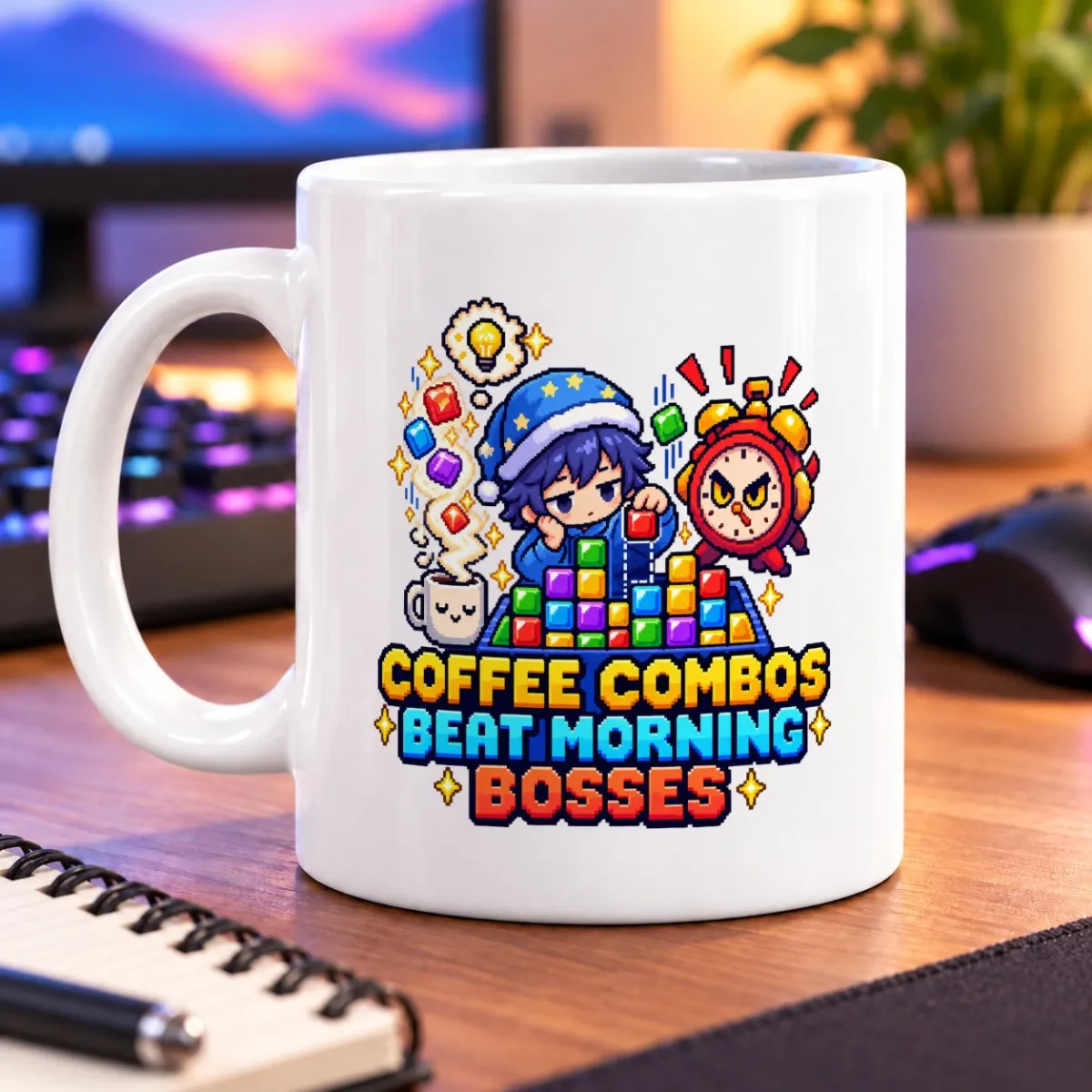Pixel-art gamer stacks colorful blocks beside a steaming cup and clock boss, with “Coffee Combos Beat Morning Bosses”… – white 11oz mug