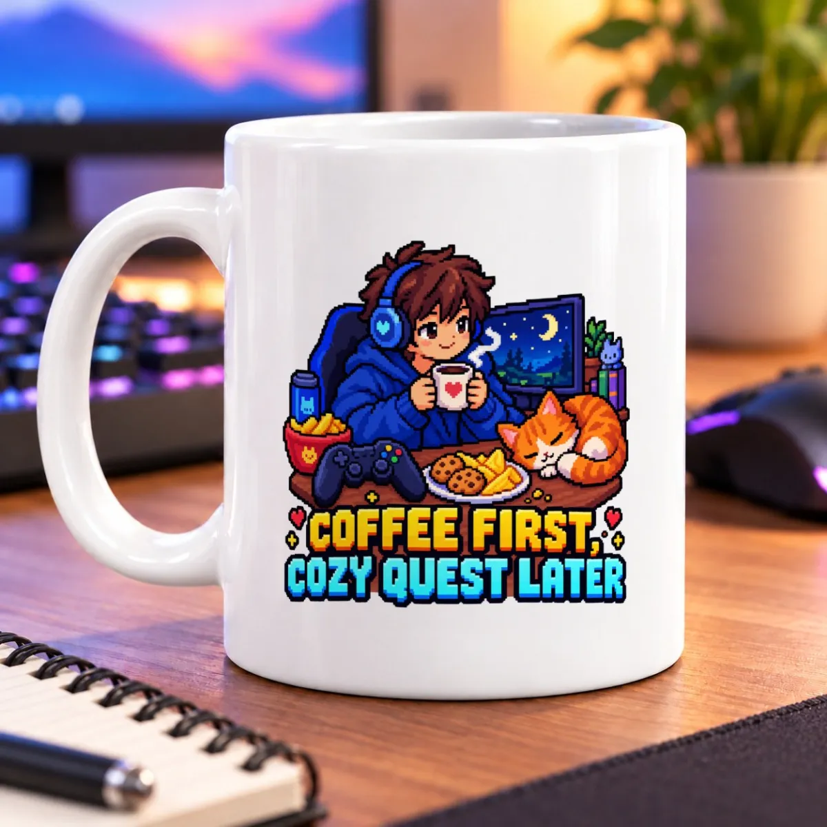 Pixel-art gamer with a curled-up cat, snacks, and the text “Coffee First, Cozy Quest Later” – white 11oz mug