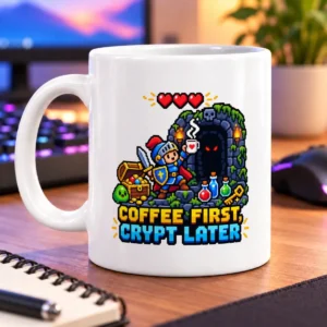 Pixel-art knight with treasure, potions, a crypt, and three hearts above the design text – white 11oz mug