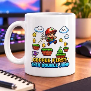 Pixel-art adventurer leaps among smiling clouds, floating treats, and the words “Coffee First, Then Double Jump” – white 11oz mug