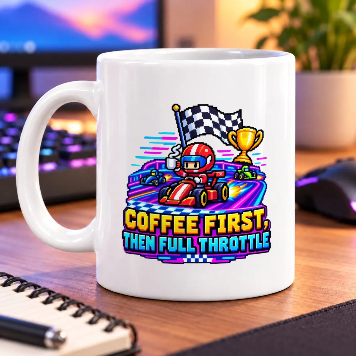 Pixel-art racer beneath a checkered flag beside a trophy, with “Coffee First, Then Full Throttle” lettering – white 11oz mug
