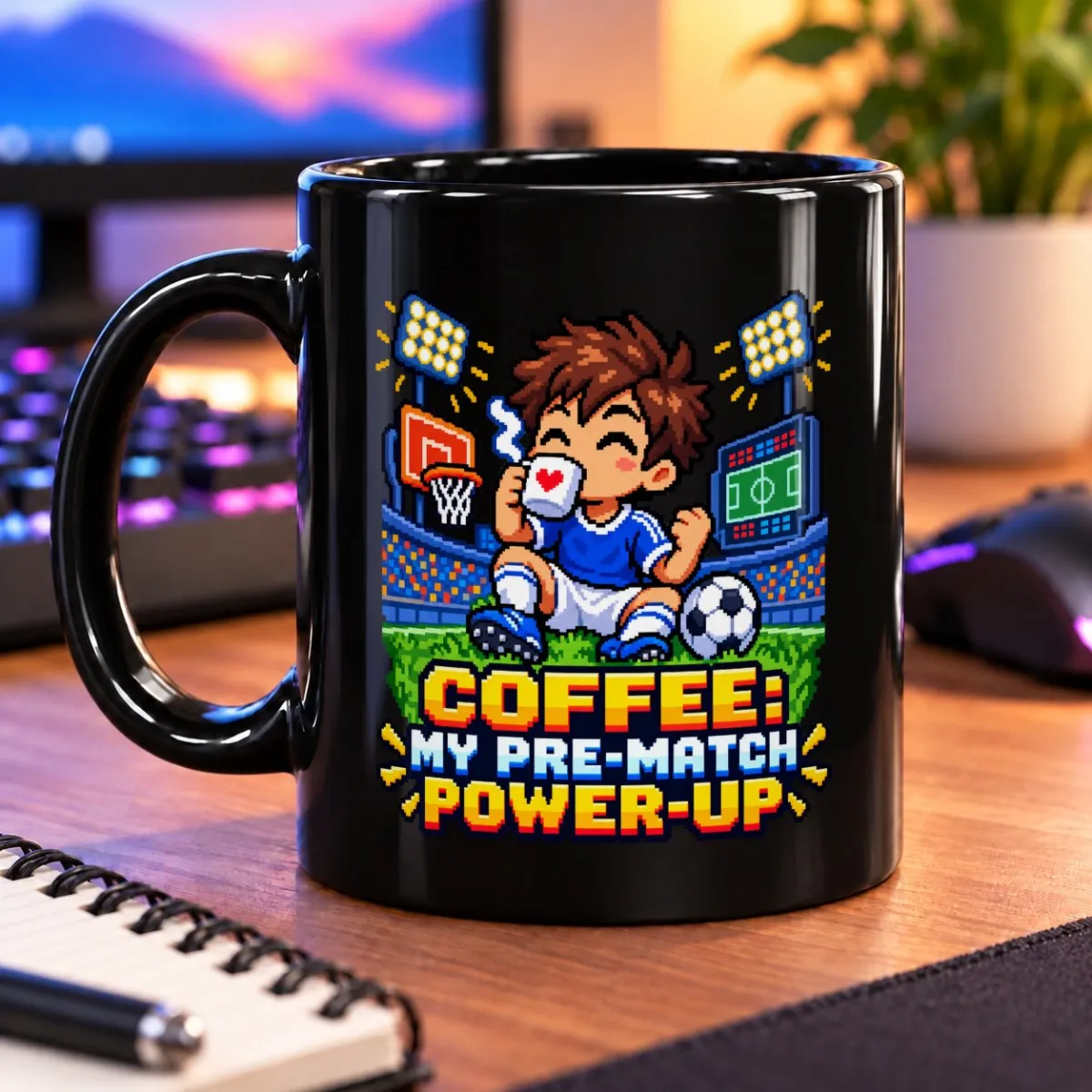Coffee: My Pre-Match Power-Up – 11oz Mug 3 Pixel-art player sipping coffee beside a soccer ball, with the text “Coffee: My Pre-Match Power-Up” – black 11oz mug