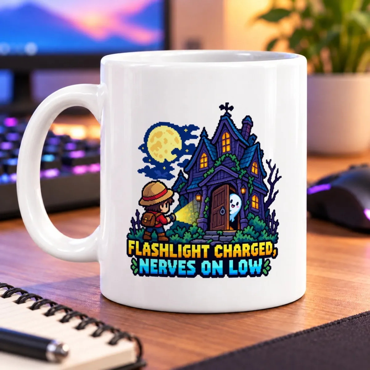 Pixel-art explorer shines a flashlight at a crooked haunted house beneath a bright moon, with a small ghost at the door – white 11oz mug