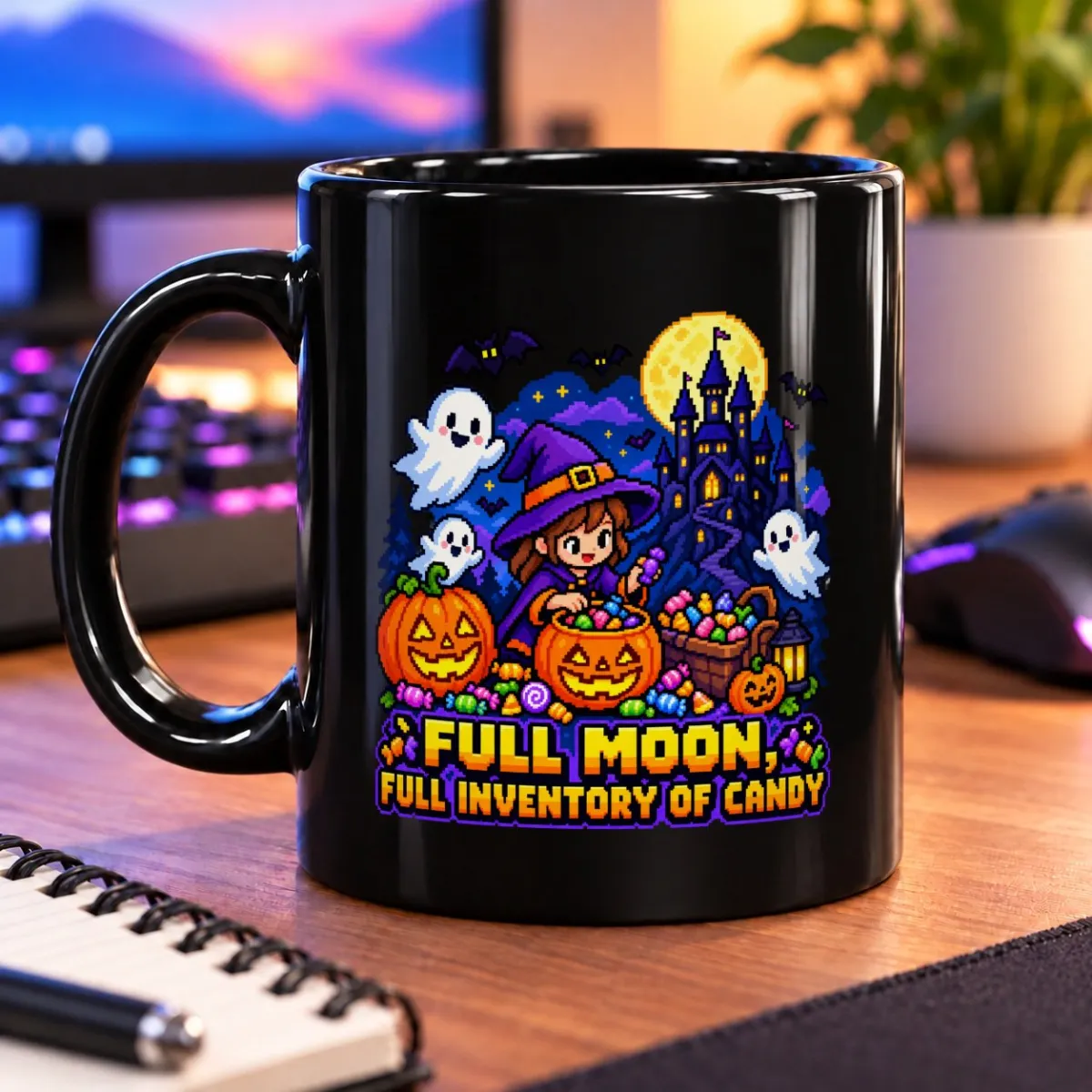 Full Moon, Full Inventory of Candy – 11oz Mug 3 Pixel-art witch gathering candy with friendly ghosts and a castle beneath a full moon – black 11oz mug