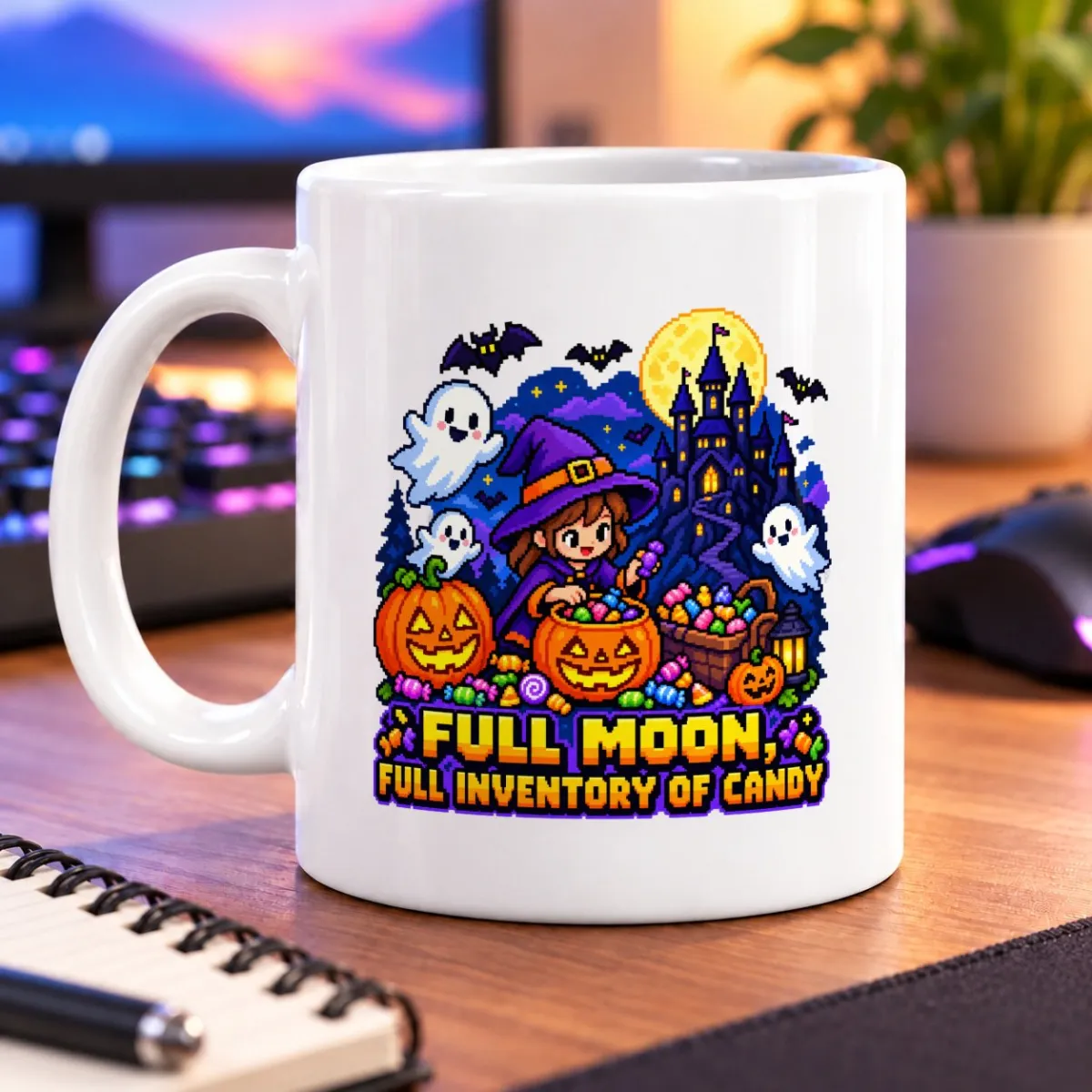 Pixel-art witch gathering candy with friendly ghosts and a castle beneath a full moon – white 11oz mug