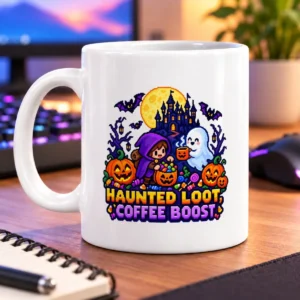 Pixel-art scene of a moonlit castle, friendly ghost, treasure hunter, bats, and grinning pumpkins – white 11oz mug