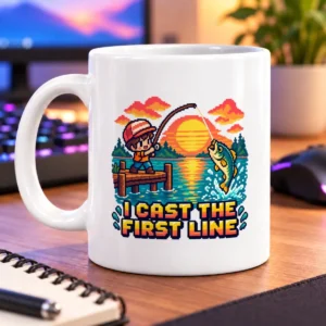 Pixel-art angler casts toward a leaping fish beneath a glowing sunset, with bold lettering – white 11oz mug