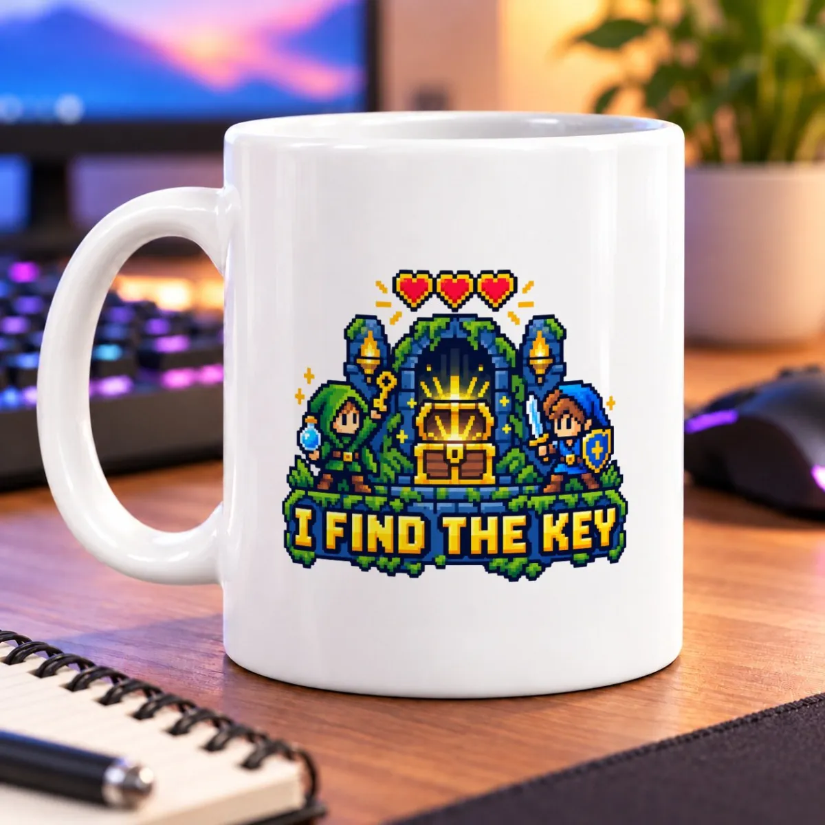 Pixel-art adventurers flank a glowing treasure chest beneath three hearts, with “I Find the Key” below – white 11oz mug