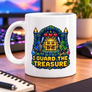 Pixel-art adventurers guard a glowing treasure chest beneath three hearts, with the words “I Guard the Treasure” – white 11oz mug