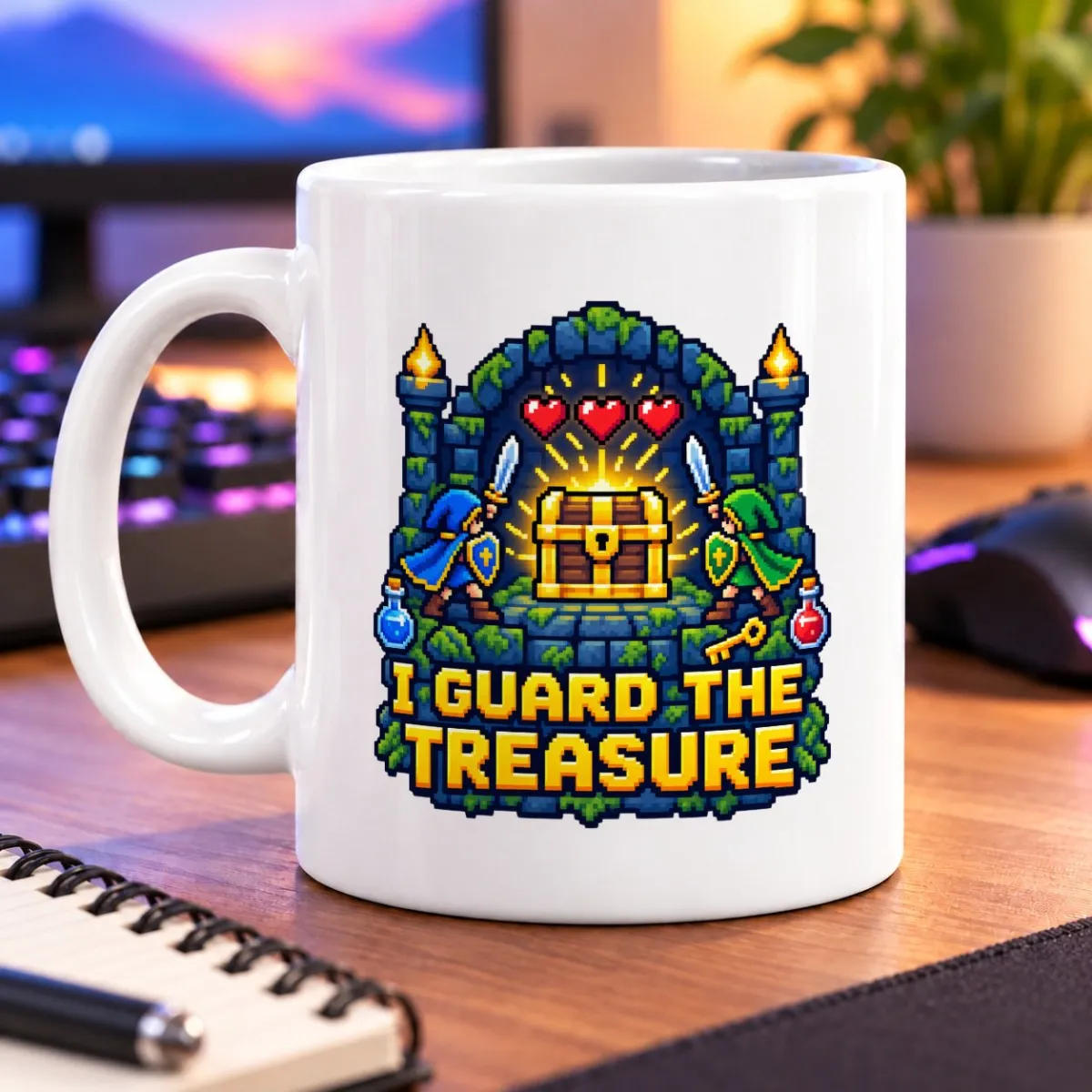 Pixel-art adventurers guard a glowing treasure chest beneath three hearts, with the words “I Guard the Treasure” – white 11oz mug
