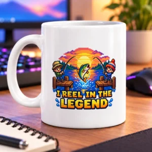 Pixel-art anglers catch a leaping fish beneath a sunset, with “I Reel in the Legend” lettering – white 11oz mug