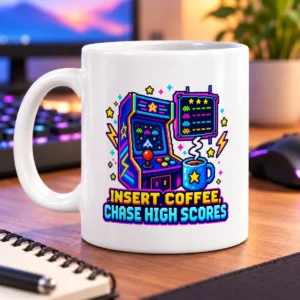 Pixel-art arcade cabinet, score board, steaming coffee, and colorful stars – white 11oz mug