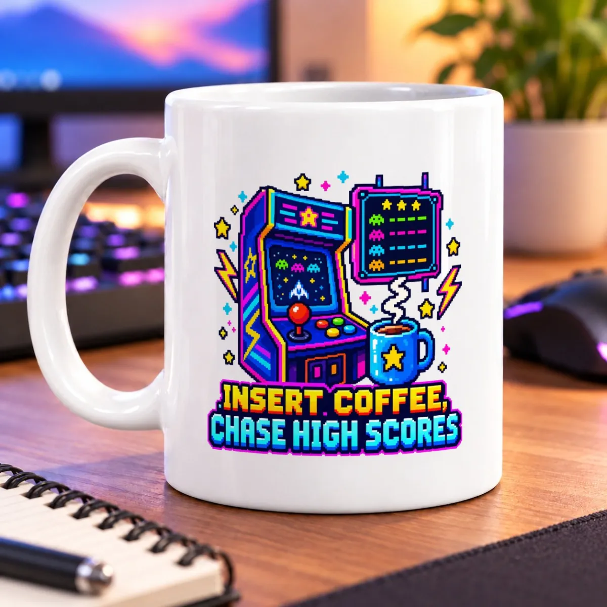 Pixel-art arcade cabinet, score board, steaming coffee, and colorful stars – white 11oz mug
