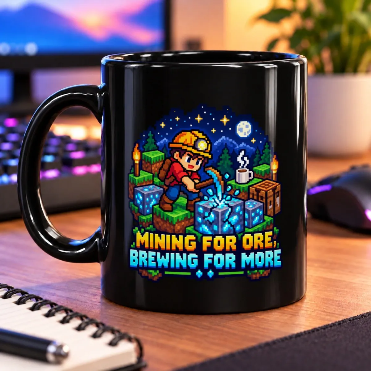 Pixel-art miner striking glowing blue ore beside a steaming cup under a starry sky – black 11oz mug