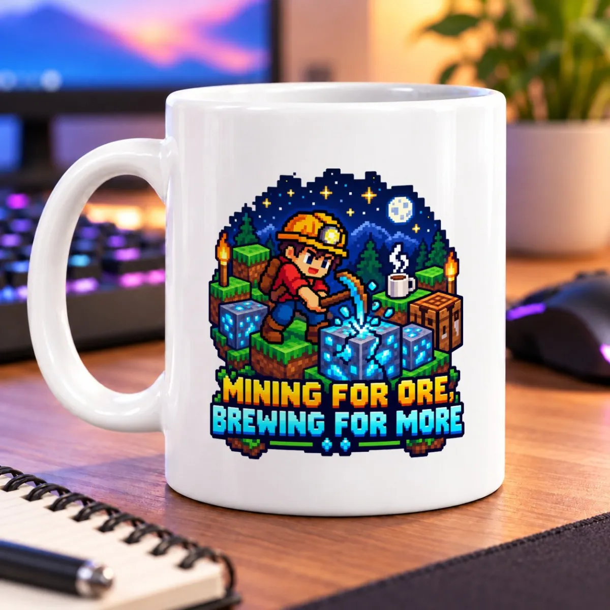 Pixel-art miner striking glowing blue ore beside a steaming cup under a starry sky – white 11oz mug