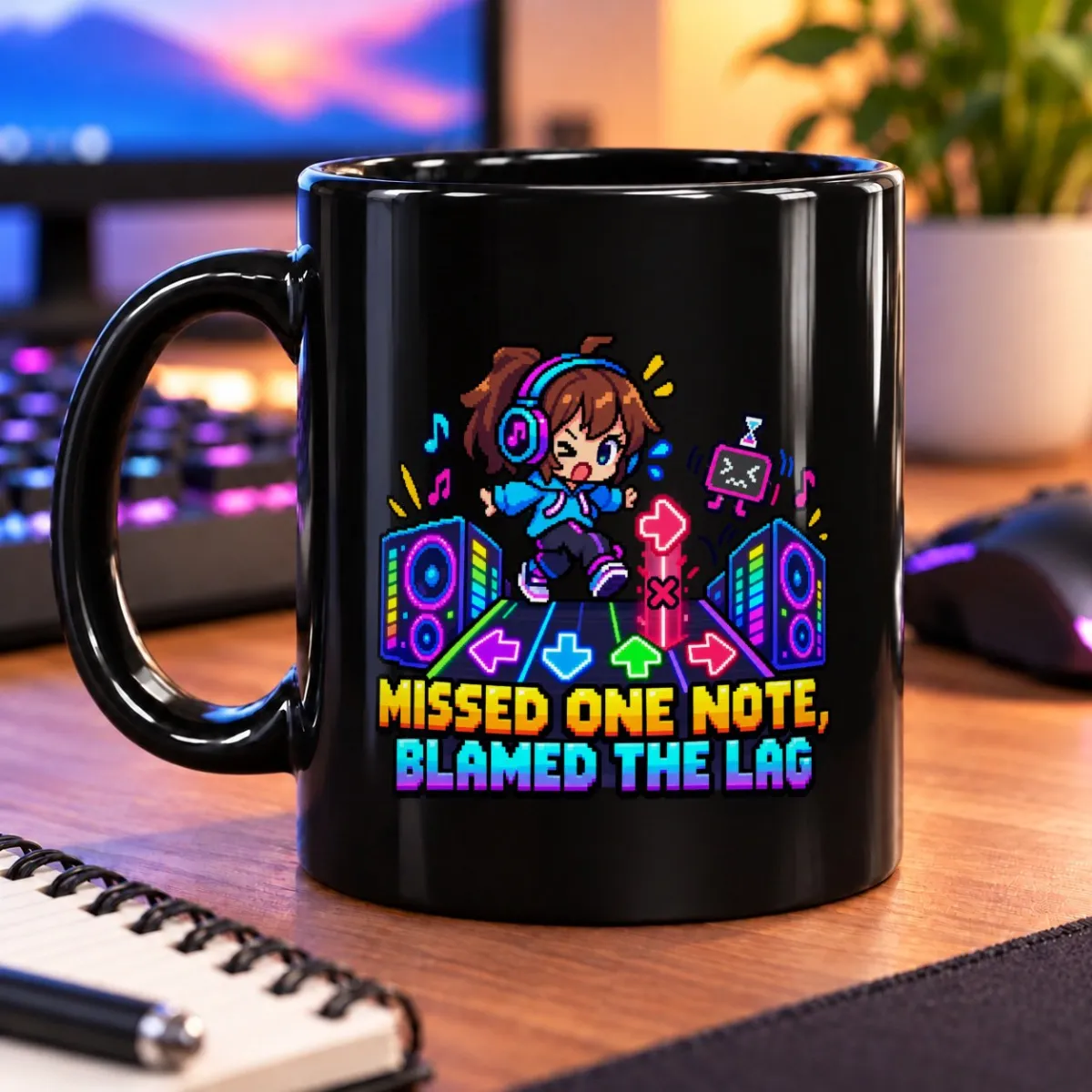 Missed One Note, Blamed the Lag – 11oz Mug 3 Pixel-art rhythm scene with a dancing player, glowing arrows, speakers, and “Missed One Note, Blamed the Lag” – black 11oz mug