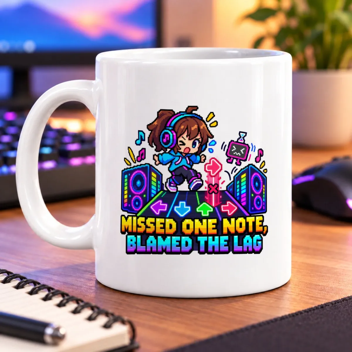 Pixel-art rhythm scene with a dancing player, glowing arrows, speakers, and “Missed One Note, Blamed the Lag” – white 11oz mug