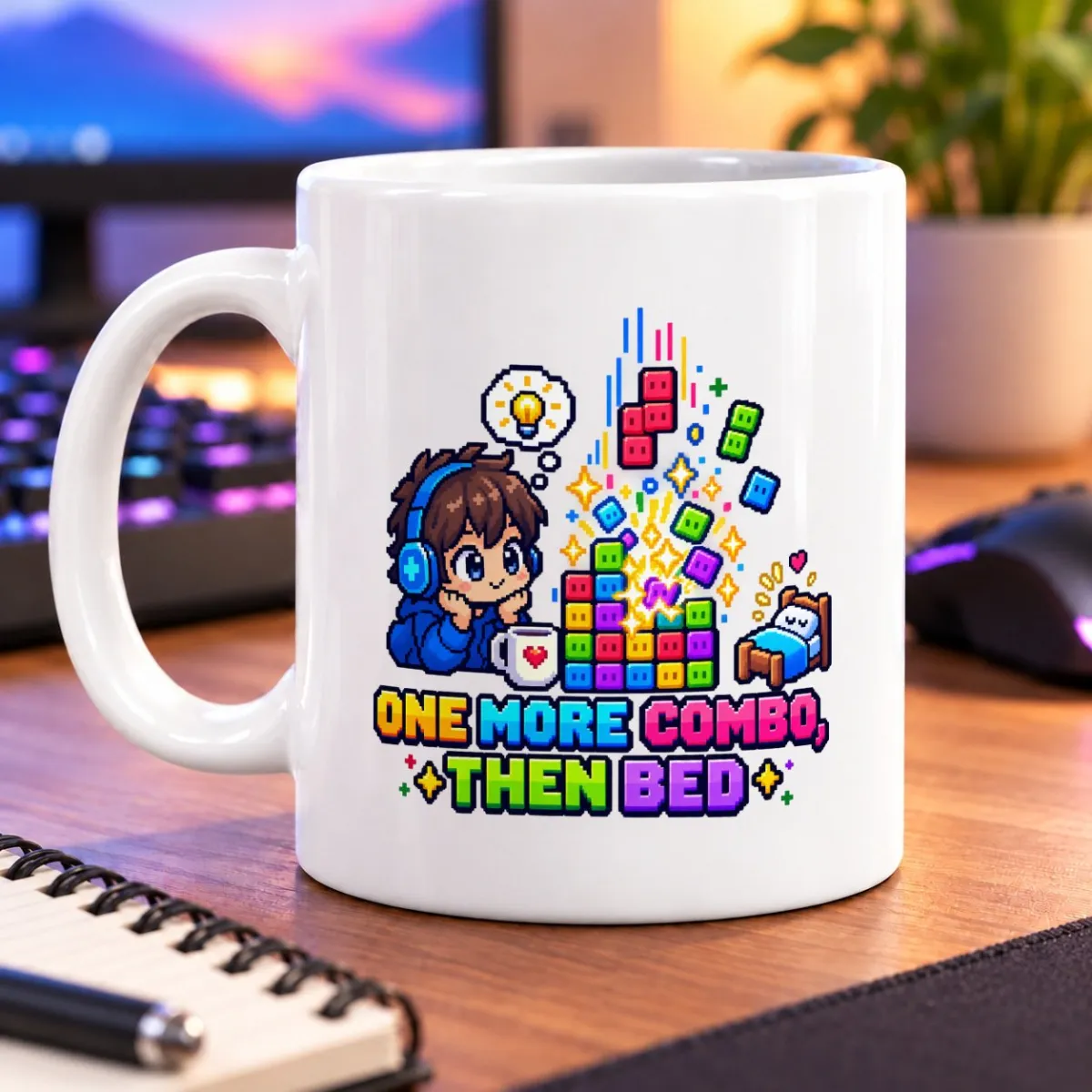 Pixel-art gamer chasing a combo beside a cozy bed, with colorful block shapes and the text “One More Combo, Then Bed” – white 11oz mug