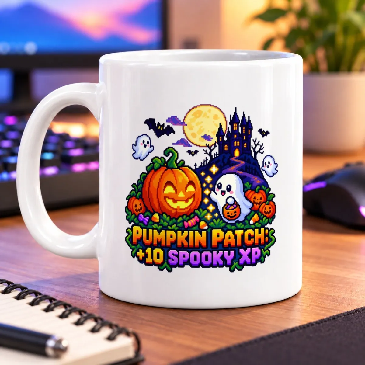 Pixel-art pumpkins, friendly ghosts, bats, and a moonlit manor with “Pumpkin Patch: +10 Spooky XP” lettering – white 11oz mug
