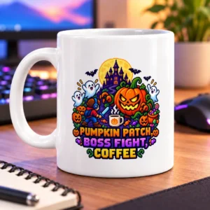 Pixel-art pumpkin, friendly ghosts, bats, and a spooky castle beneath a full moon – white 11oz mug