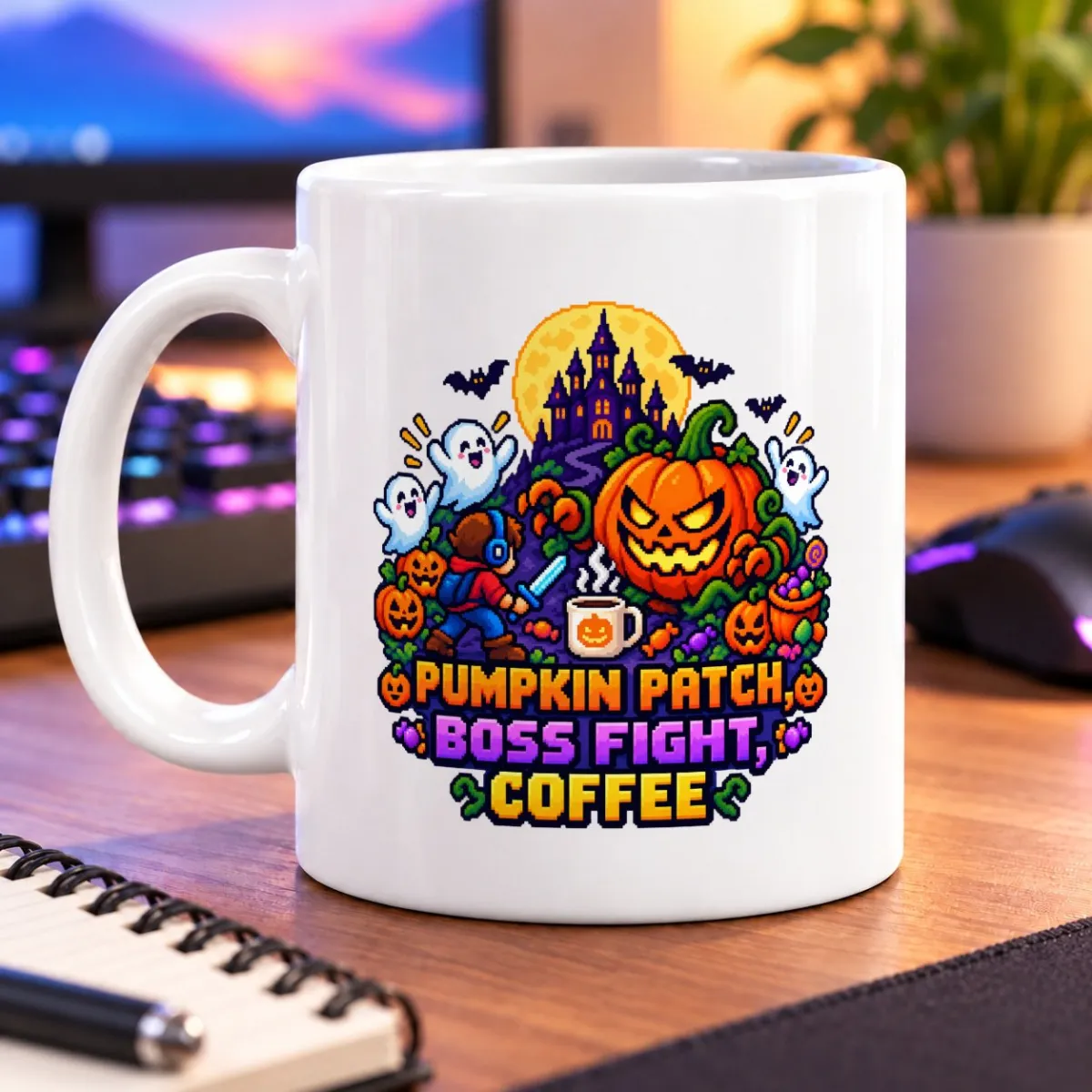 Pixel-art pumpkin, friendly ghosts, bats, and a spooky castle beneath a full moon – white 11oz mug