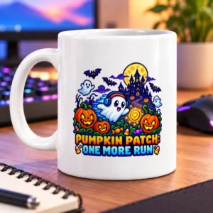 Pixel-art pumpkin patch with a moonlit castle, friendly ghosts, bats, and a headphone-wearing ghost – white 11oz mug