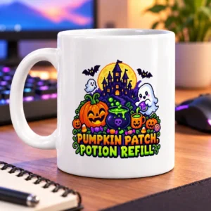 Pixel-art pumpkins, bubbling potion, friendly ghosts, bats, and a moonlit castle – white 11oz mug
