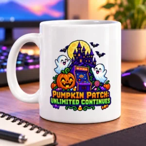 Pixel-art pumpkins, friendly ghosts, bats, and a haunted castle surround an arcade cabinet beneath a full moon – white 11oz mug