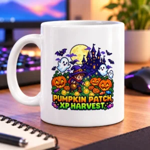 Pixel-art witch among glowing pumpkins, friendly ghosts, bats, and a moonlit castle – white 11oz mug