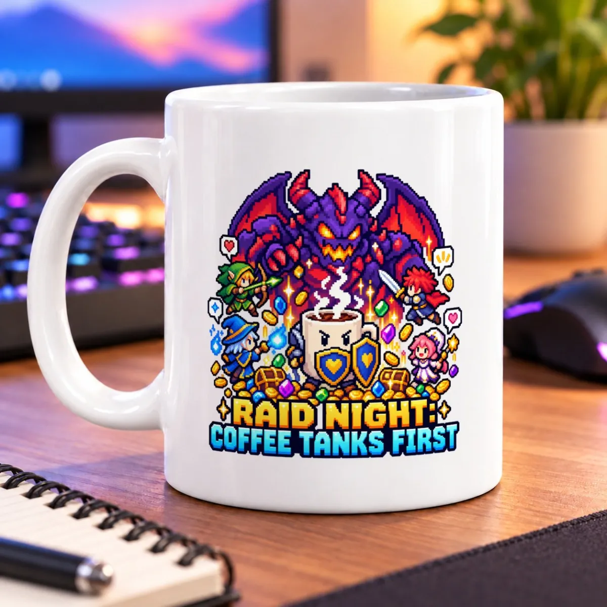 Pixel-art raid scene with adventurers, treasure, a steaming cup, and a mighty monster; text reads “Raid Night: Coffee… – white 11oz mug